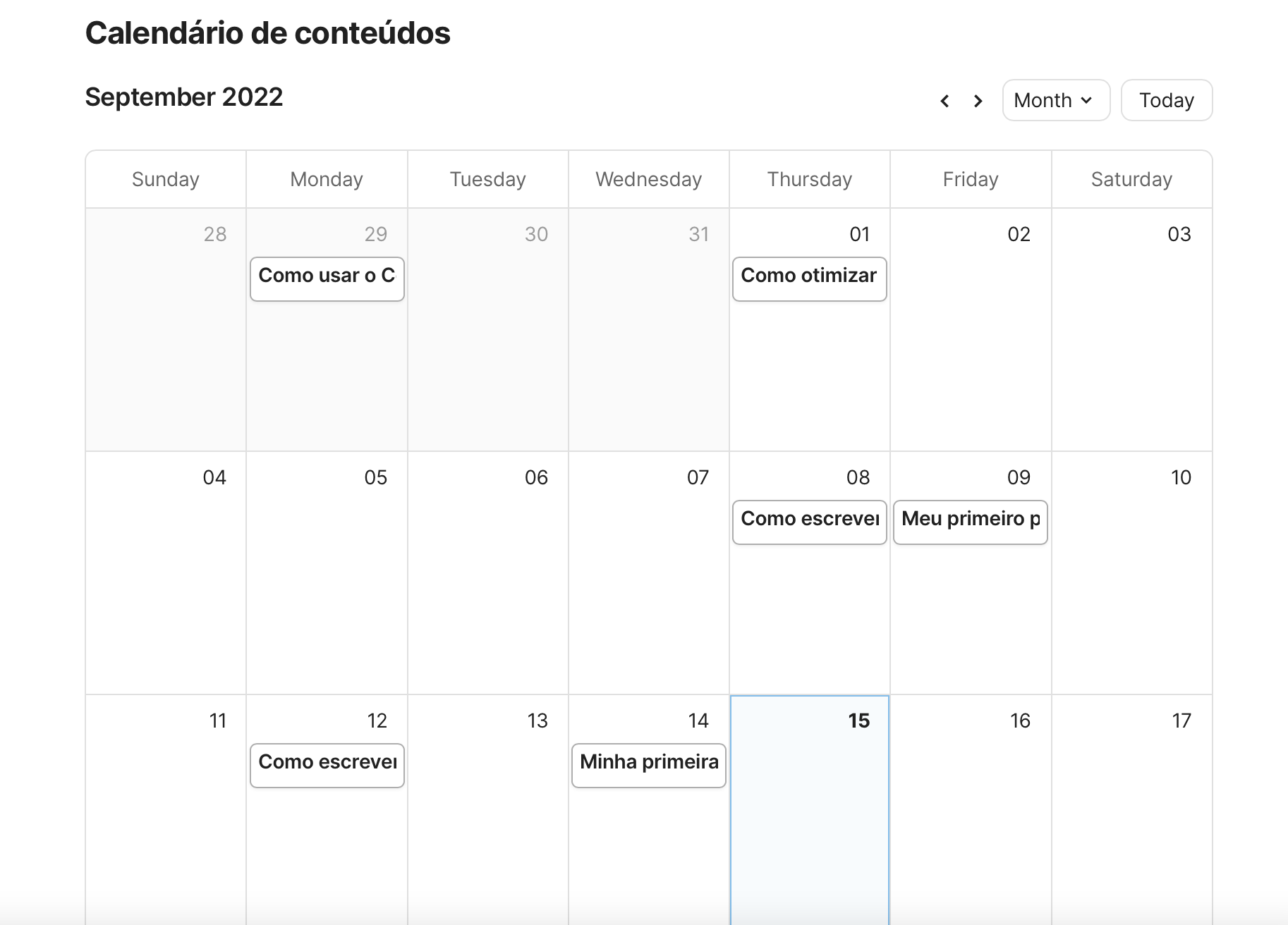 Página "Planejamento" com o calendário editorial sendo exibido