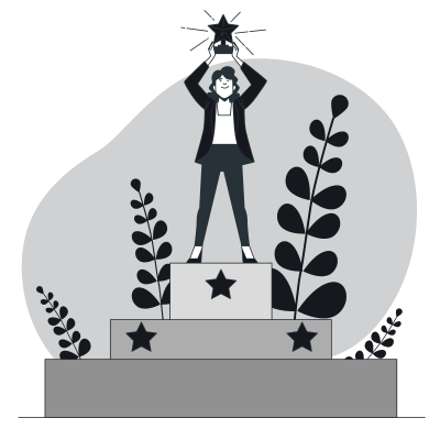 Ilustração de uma mulher em primeiro lugar em um pódio levantando um troféu em forma de estrela