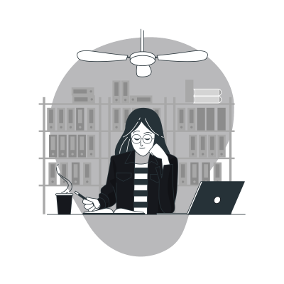 Ilustração de uma mulher estudando em uma biblioteca
