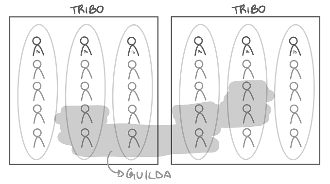 Ilustração de uma Guilda formada por 7 integrantes de 2 Tribos e 4 Squads diferentes