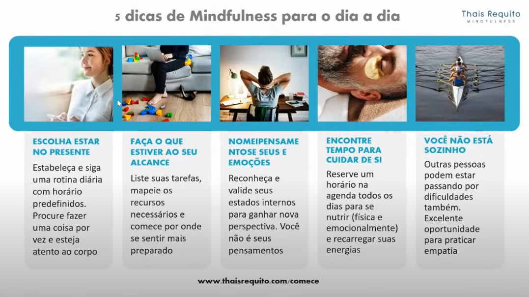 "Slide mostrando 5 dicas de mindfulness para o dia a dia"