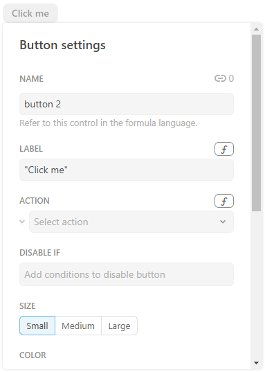 Print do menu flutuante com as opções de configurações de um botão