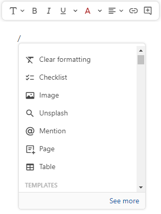 Imagem com o menu de seleção de texto e o menu que é exibido após digitar a barra