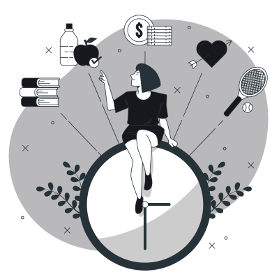 Ilustração de uma mulher sentada sobre um relógio rodeada por ícones de livros, alimentos, dinheiro, coração e artigos esportivos