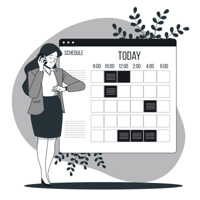 Ilustração de uma mulher aparentemente ocupada com um calendário com compromissos ao fundo