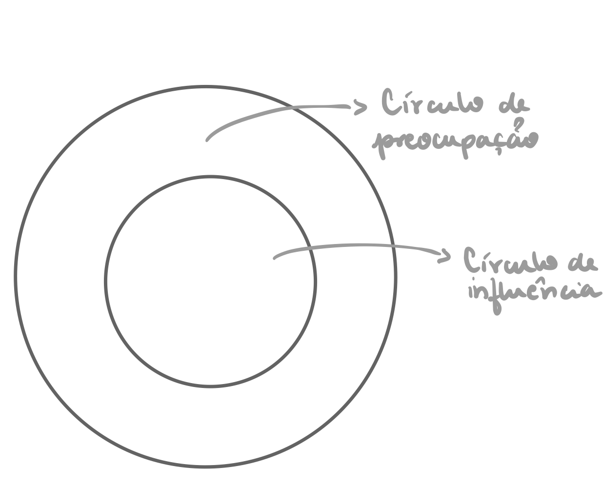 Desenho de dois círculos, um dentro do outro. O mais interno é indicado como círculo de influência e o mais externo é indicado como círculo de preocupação