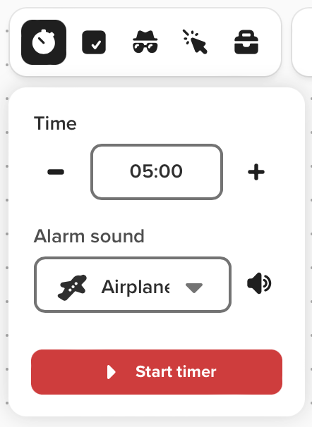 Print do widget do timer com as opções de tempo e som de alerta